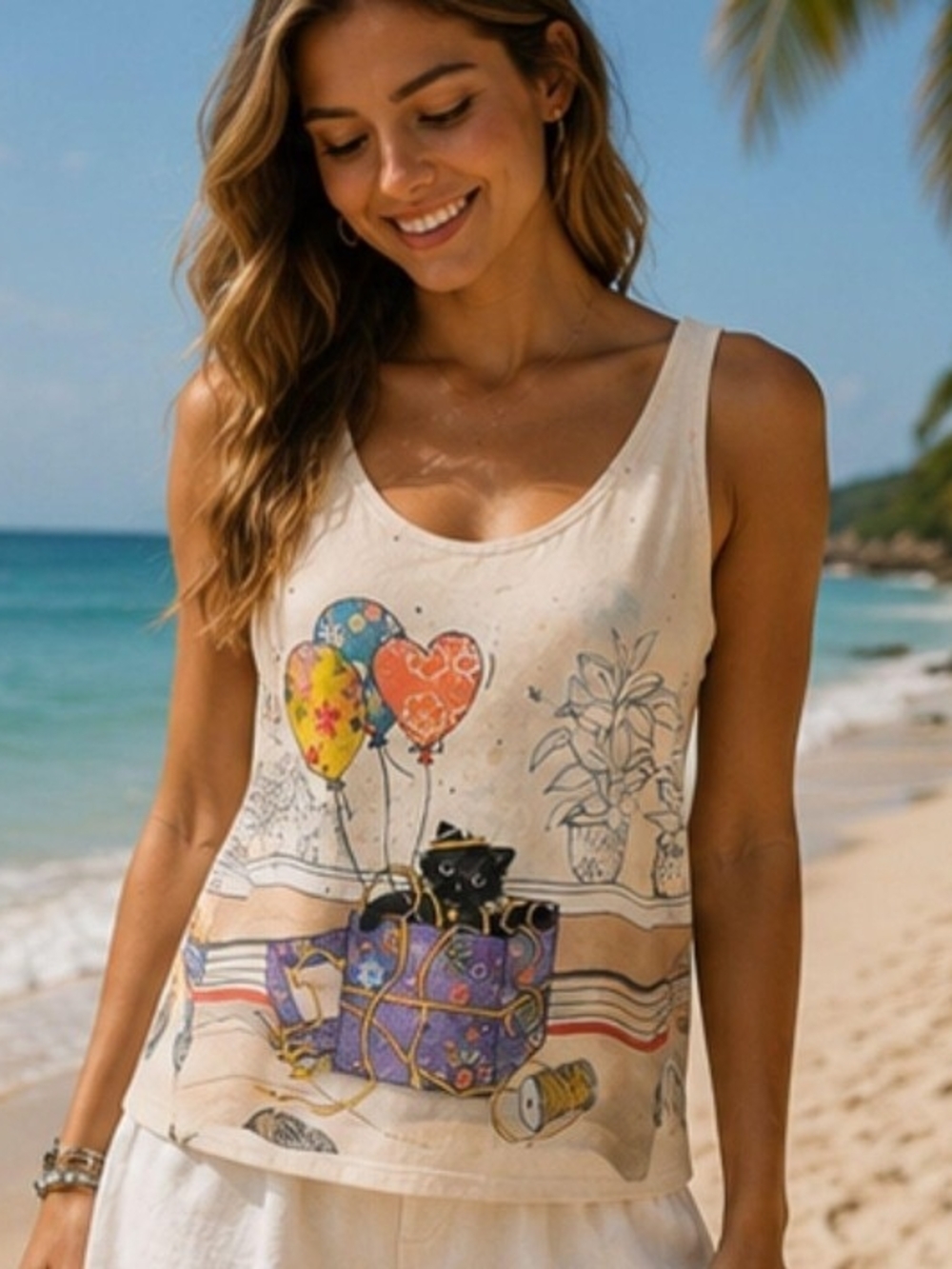 Women's Cream Graphic Tank Top with Heart Balloon & Cat Print
